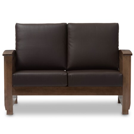 Baxton Studio Charlotte Walnut Wood and Dark Brown Faux Leather 2-Seater Loveseat 125-6901